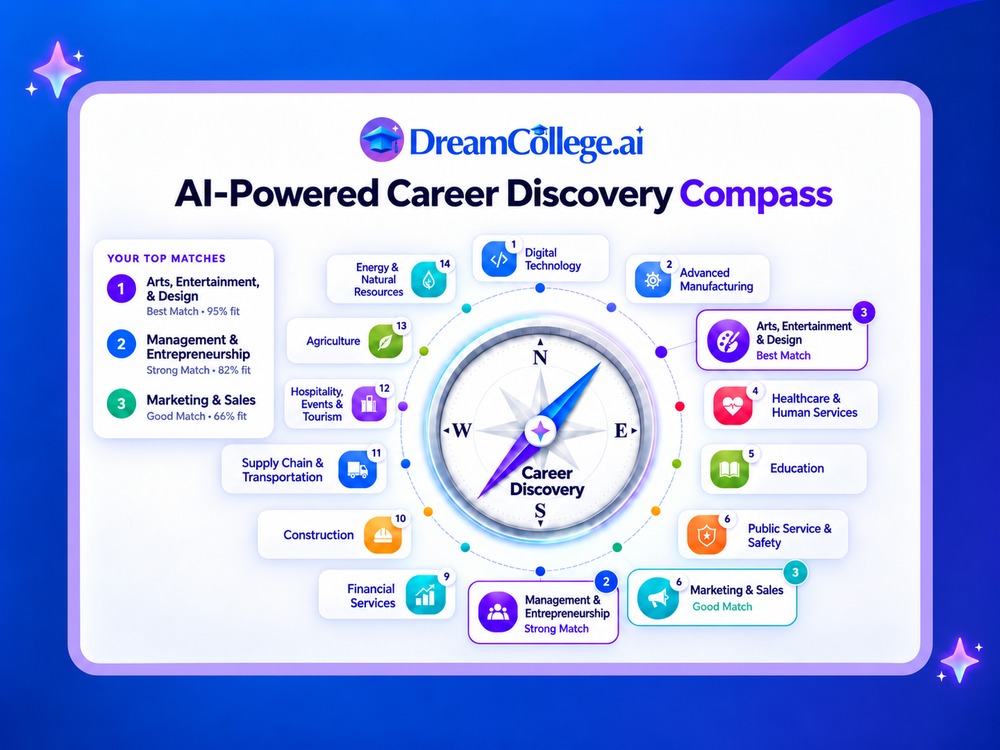 DreamCollege.ai Career Discovery Compass showing Top 3 career track recommendations