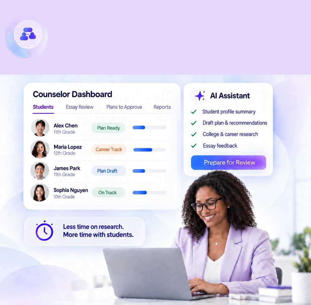 A counselor reviewing student plans alongside the AI assistant