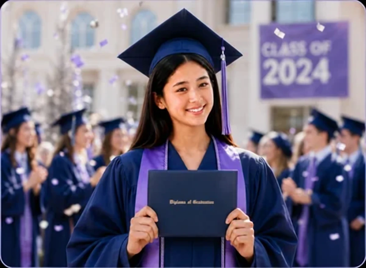 Graduate in cap and gown holding diploma, Class of 2024