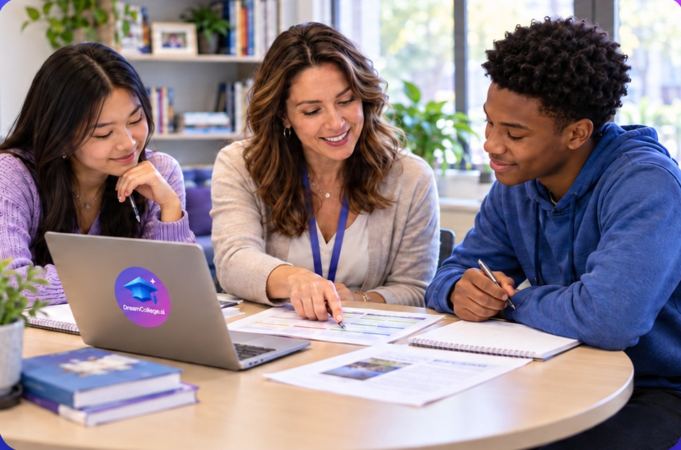 A counselor reviewing a four-year plan with two students
