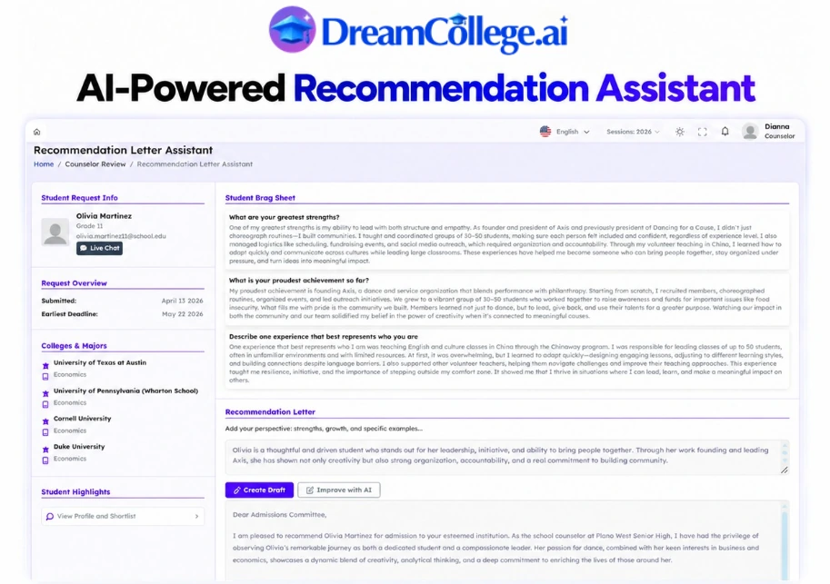 AI-Powered Recommendation Assistant: a student brag sheet beside an editable recommendation letter draft