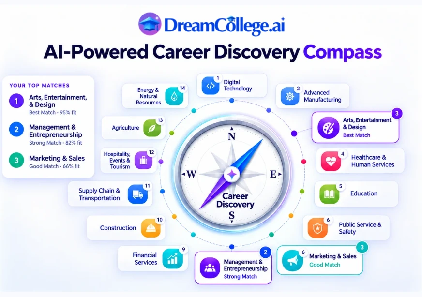 AI-Powered Career Discovery Compass: a student’s top three career matches ranked against all 14 career clusters