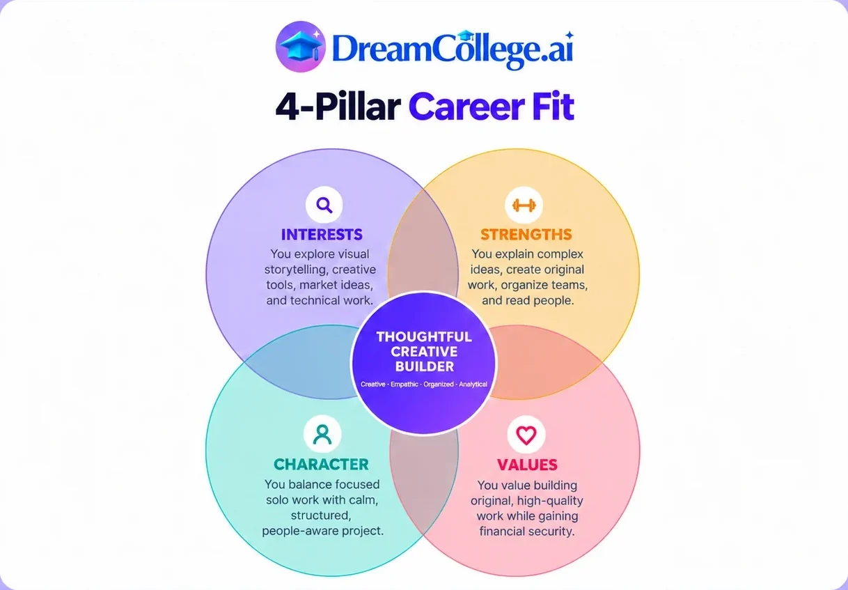 4-Pillar Career Fit: interests, strengths, character and values overlapping on a single profile