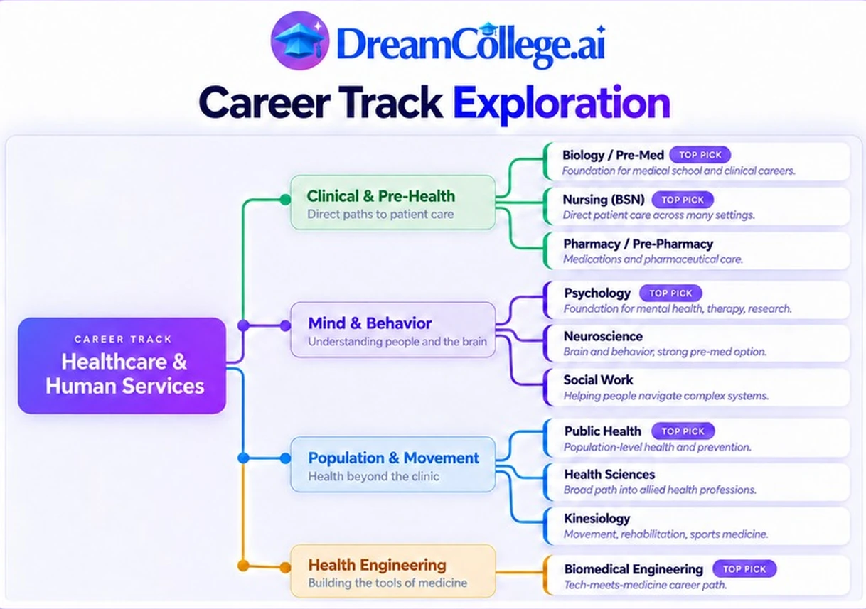 Career Track Exploration: the Healthcare & Human Services track branching into Clinical & Pre-Health, Mind & Behavior, Population & Movement and Health Engineering, each opening onto specific majors