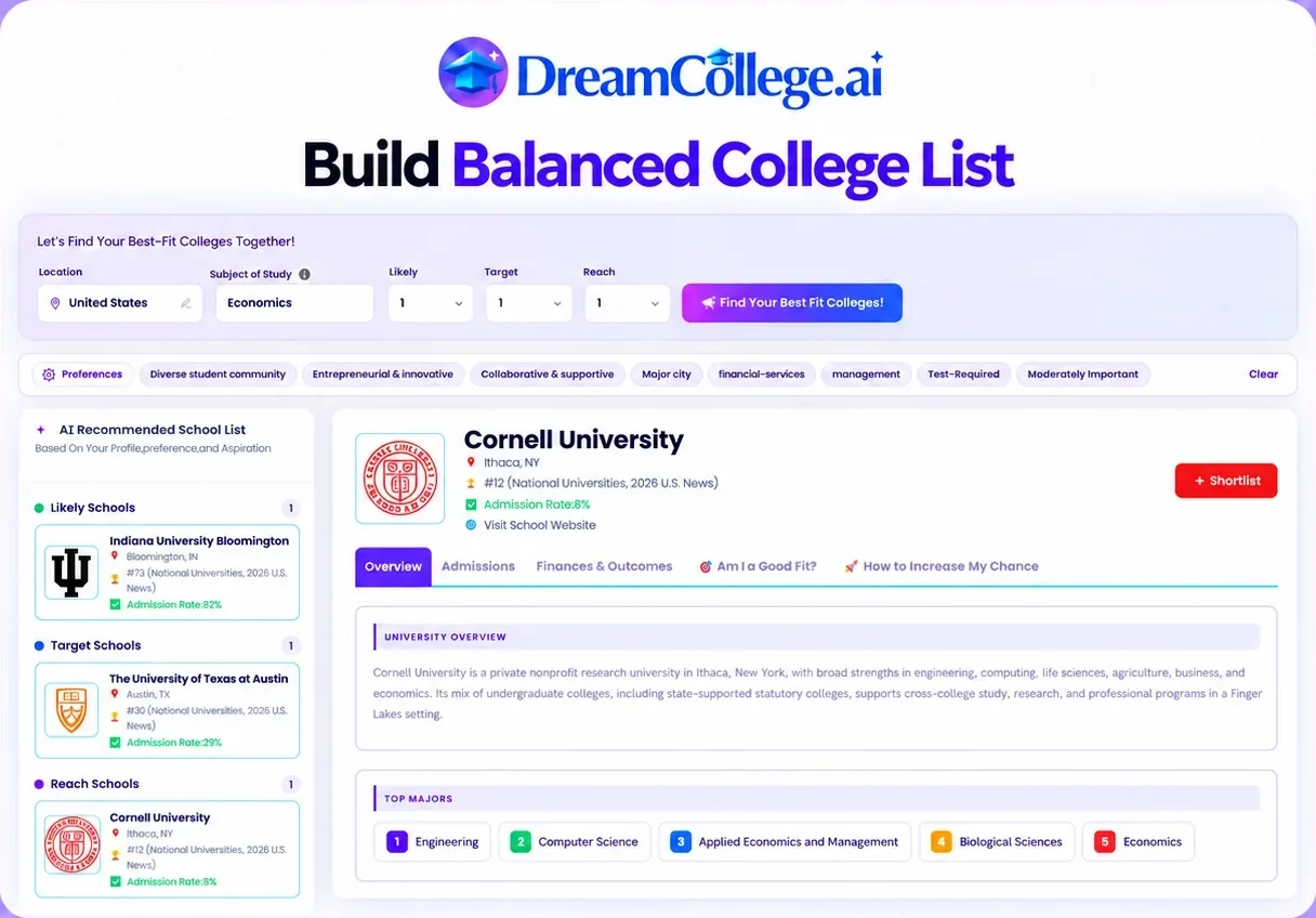 Build Balanced College List: likely, target and reach schools with a Cornell University profile open
